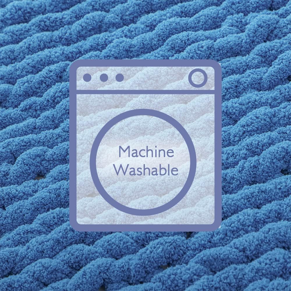 Bigacogo Chunky Knit Throw Blanket for Couch, 40x40 inches, 100% Hand Knitted with Thick Jumbo Chenille Yarn, Cozy Soft Large Rope Knot Cable Crochet Blankets for Sofa Bed Living Room, Bright Blue