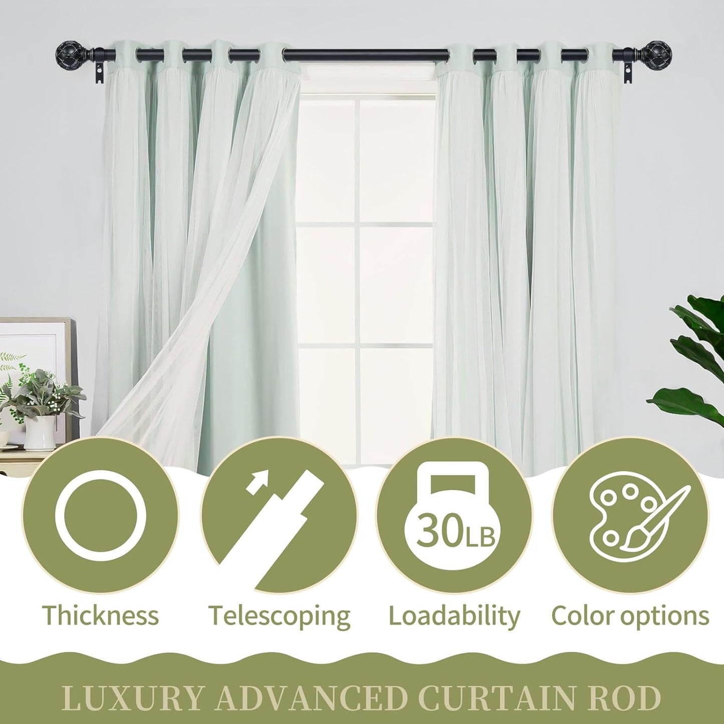 Black Adjustable Curtain Rods for Windows:18-60" Farmhouse Heavy Duty Curtain Rod for Bedroom Living Room,Boho Decorative Rustic Drapery Rods with Vintage Coastal Texture Finial,Matte Black