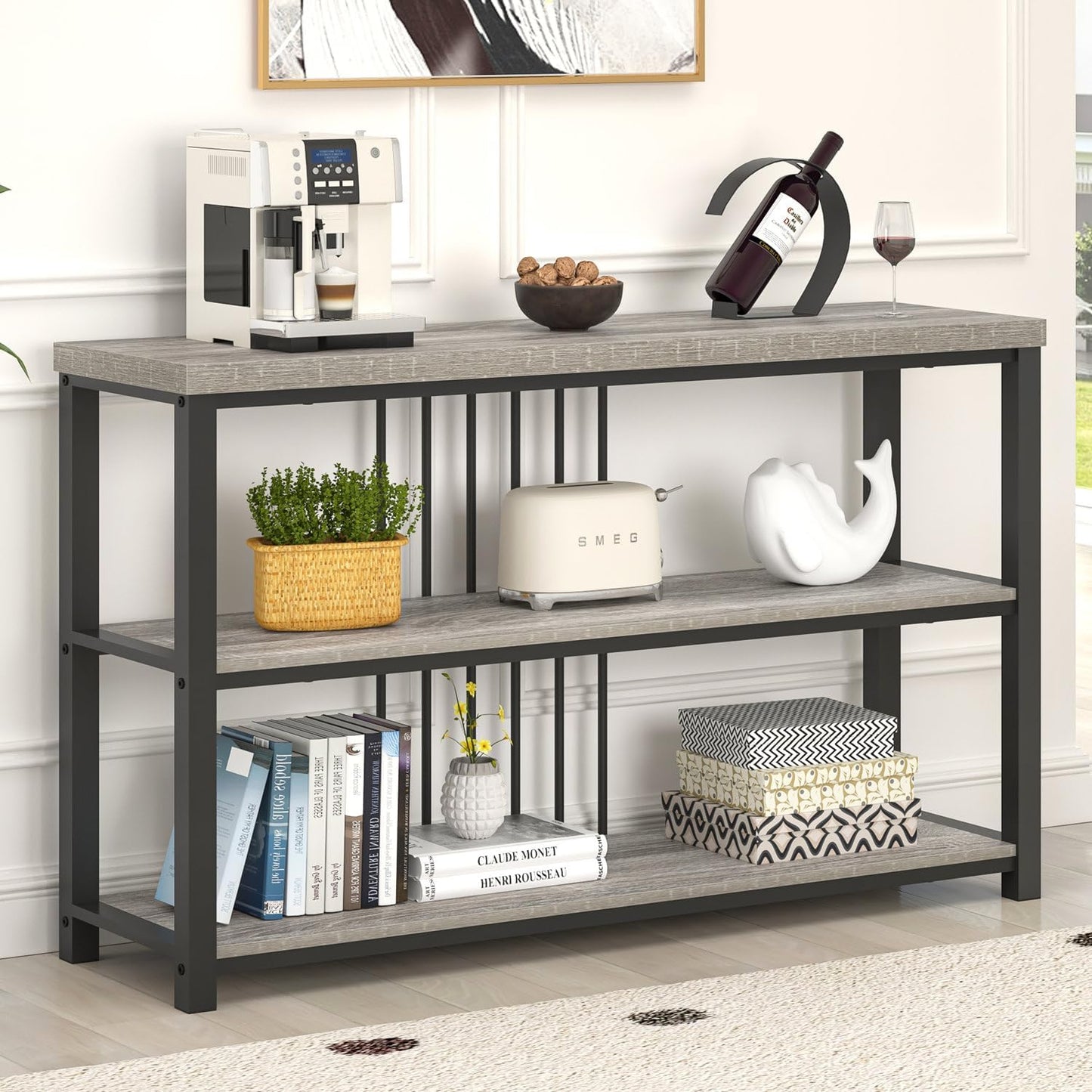 FOLUBAN Console Tables for Entryway, Sofa Table with 3 Tier Storage for Living Room Hallway Foyer Behind Couch, Rustic Light Grey