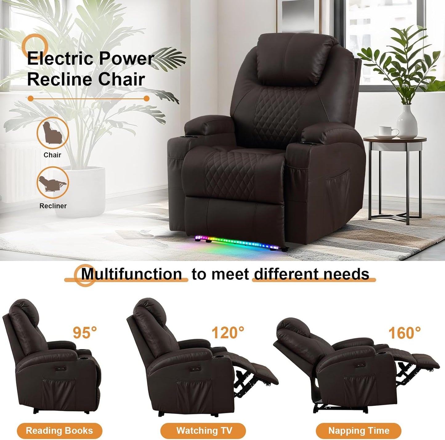 AHMED Power Recliner Chair with Vibration Massage & Heat for Adults, Faux Leather Home Theater Seating with Cup Holders/LED Lights/USB Ports/Side Pockets for Living Room, Brown