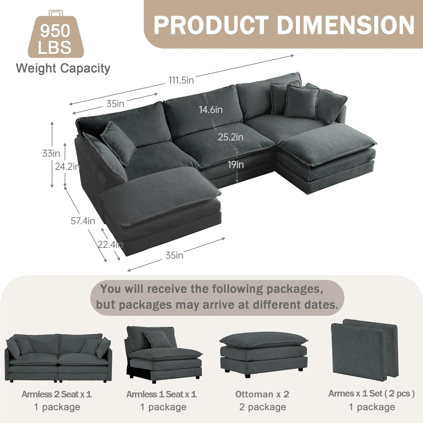 Sectional Sofa 3 Seater with Movable 2 Ottomans,Oversized Modular Couch Deep Seat (Grey, 111.5 inch-U)