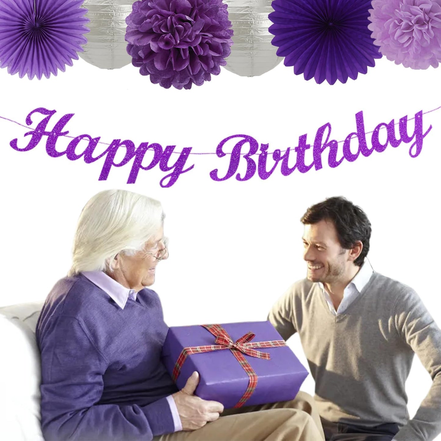 Purple Silver Birthday Party-Decorations Paper-Flowers - 14pcs Happy Banner Lavender Lanterns Tissue Pom Poms,Lilac Streamers Garland Fans,Women Girls Adult Kids Office Hanging Supplies Decor Hugfond