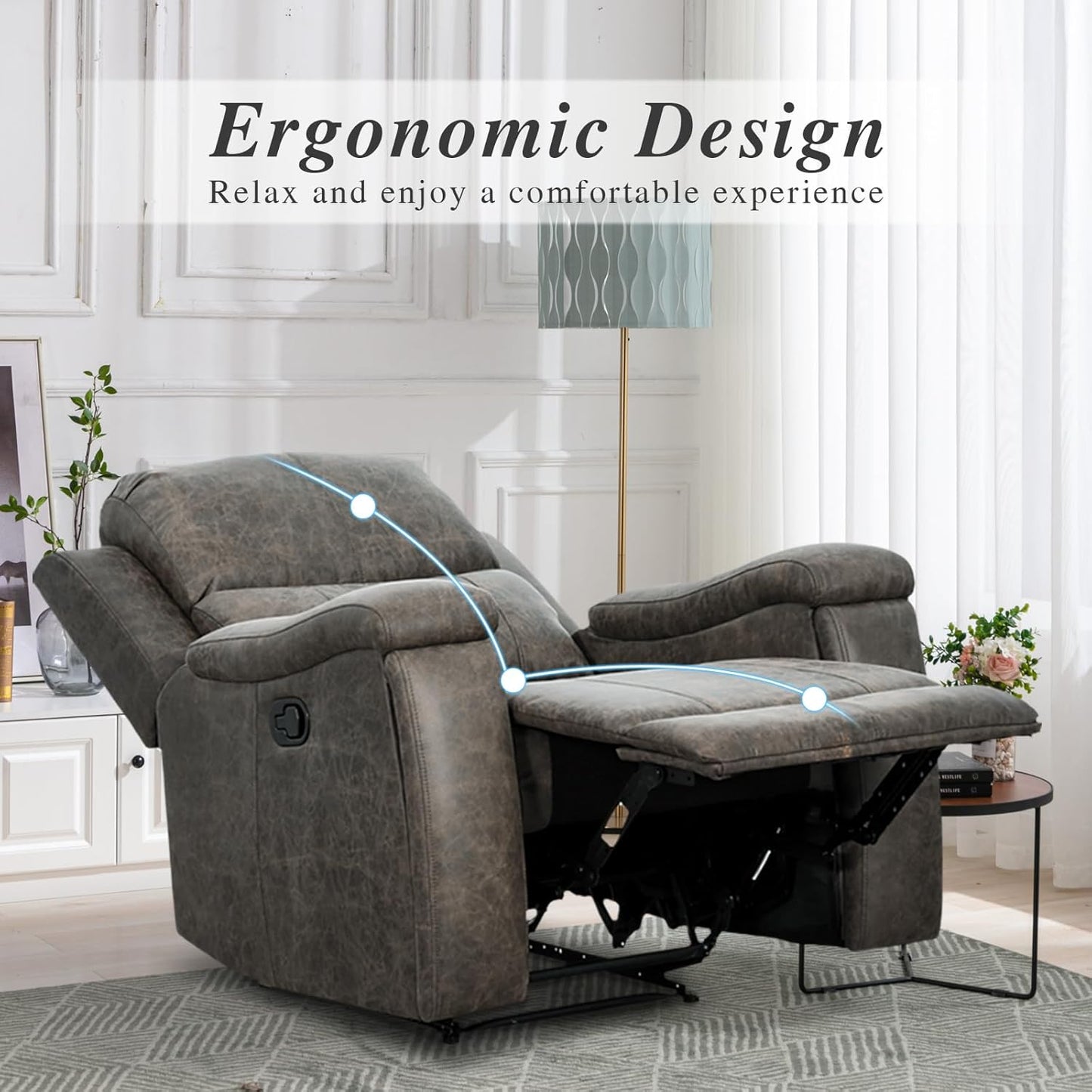 EBELLO Grey Recliner Chair, Single Overstuffed Sofa Recliners, Breathable Faux Leather Manual Reclining Chairs with Hidden Cup Holder, Arm and Back for Adults, Living Room, Bedroom, Grey