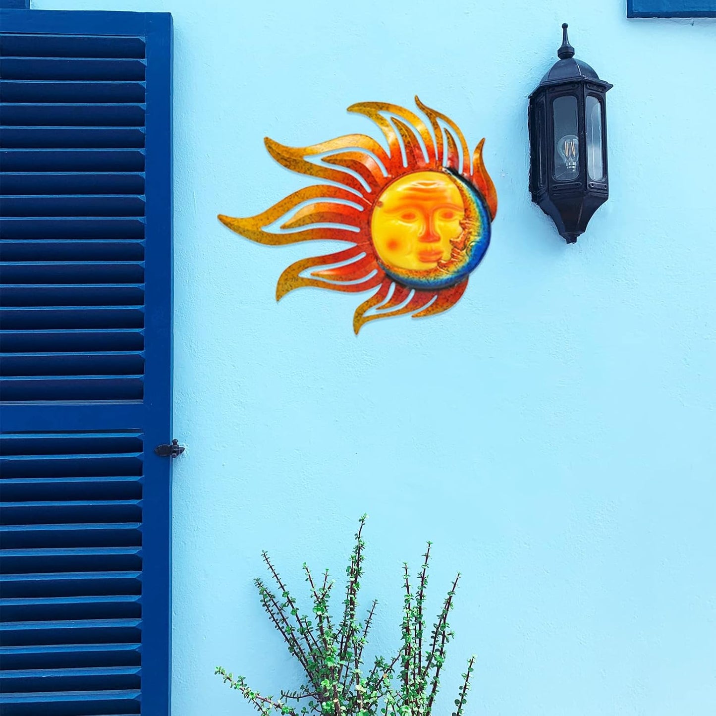 Sun Metal Wall Art Outdoor Decor Sun Moon Face Wall Decor Rust Proof Large Metal Sun(18Inch) Hanging Patio Living Room Bedroom Garden Fence