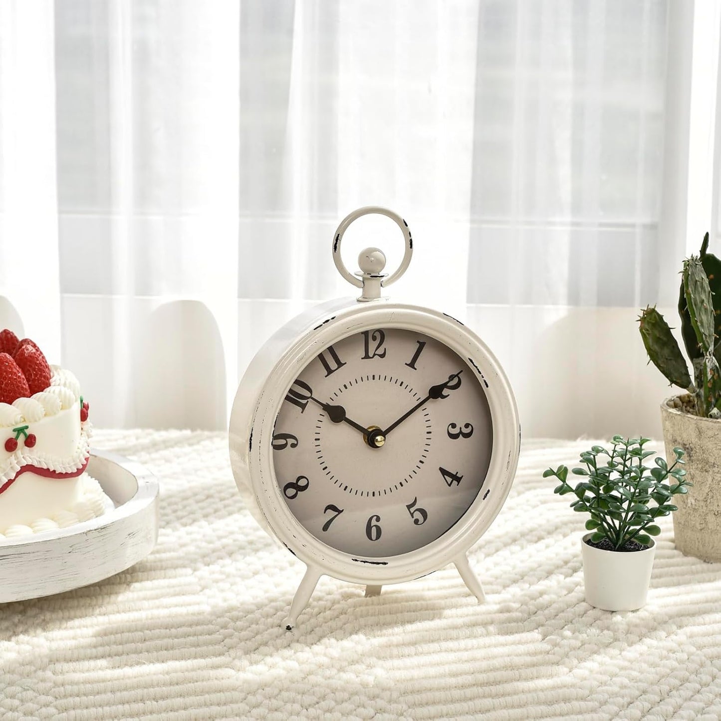 Vintage Rustic White Table Clock on Stand, Decorative Desk and Shelf Clock Farmhouse Mantel Clock Rustic Non-Ticking Clock