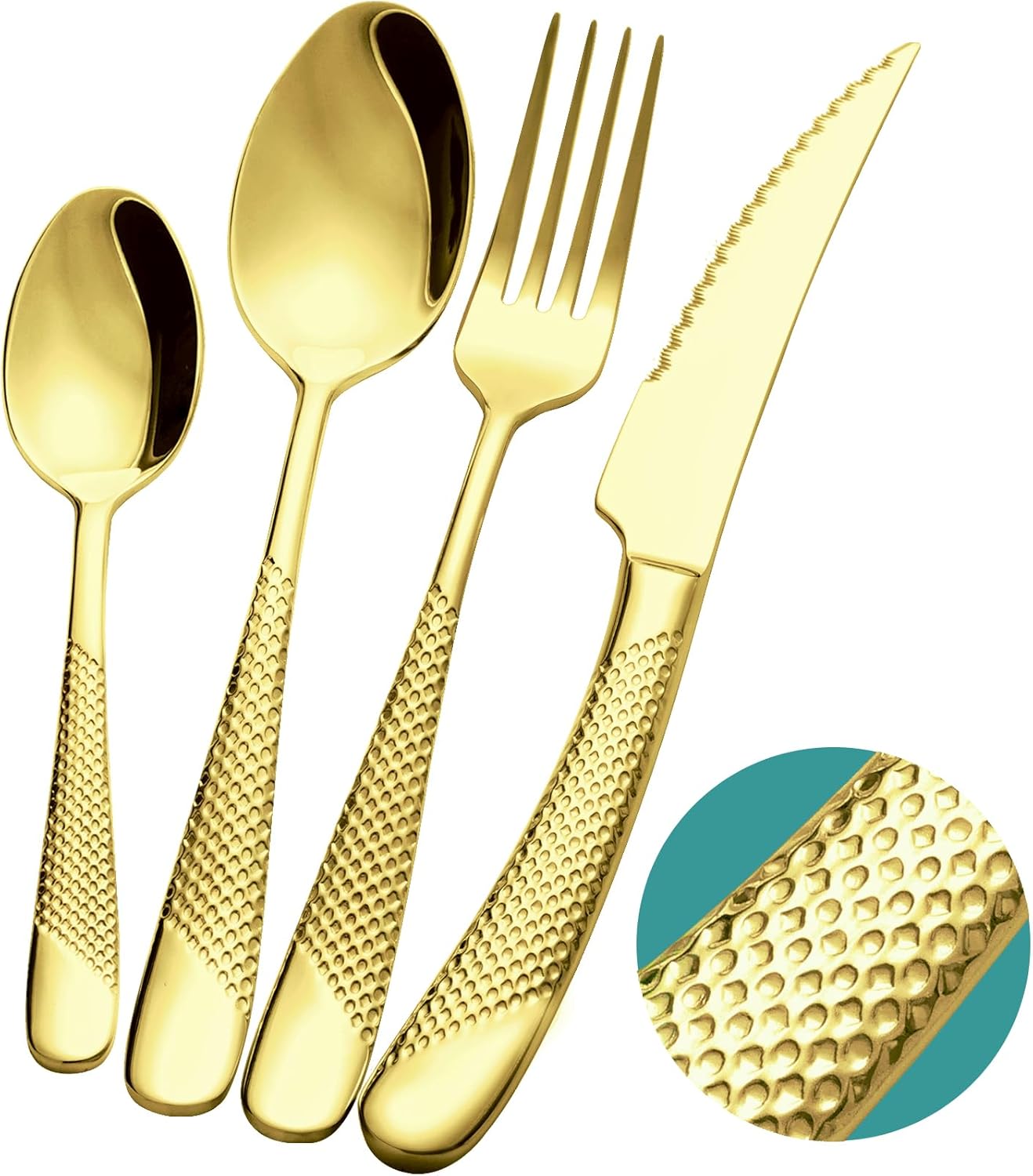 16-Piece Modern Champagne Gold Hammered Silverware Set with Ultra Sharp 2-IN-1 Serrated Knive, Golden 18/10 Stainless Steel Flatware Set, Utensil Cutlery Set for 4 Person, Forks Spoons Knives