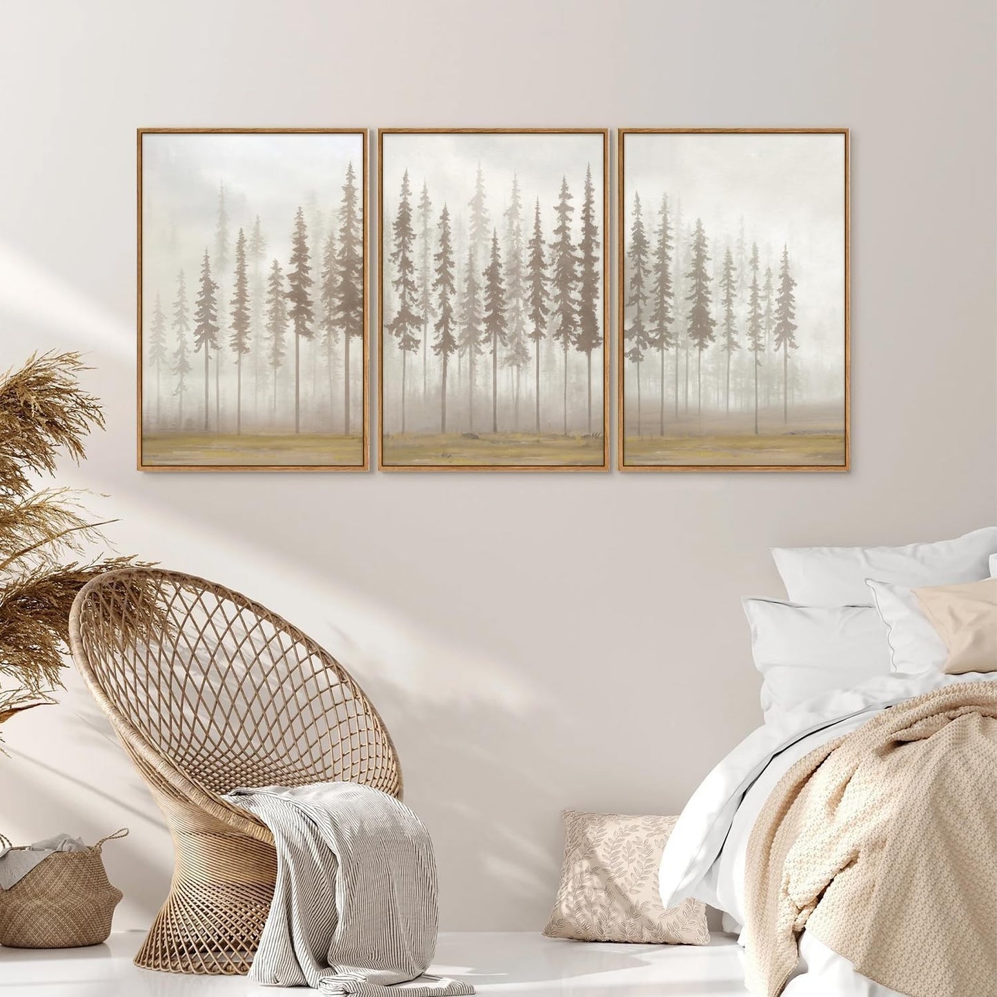 SIGNINART Large Pine Tree Framed Canvas Wall Art Set, Foggy Forest Landscape Wall Decor, Modern Beige Nature Artwork, Misty Forest Wall Painting for Living Room, Bedroom,Office 16 x24 x3