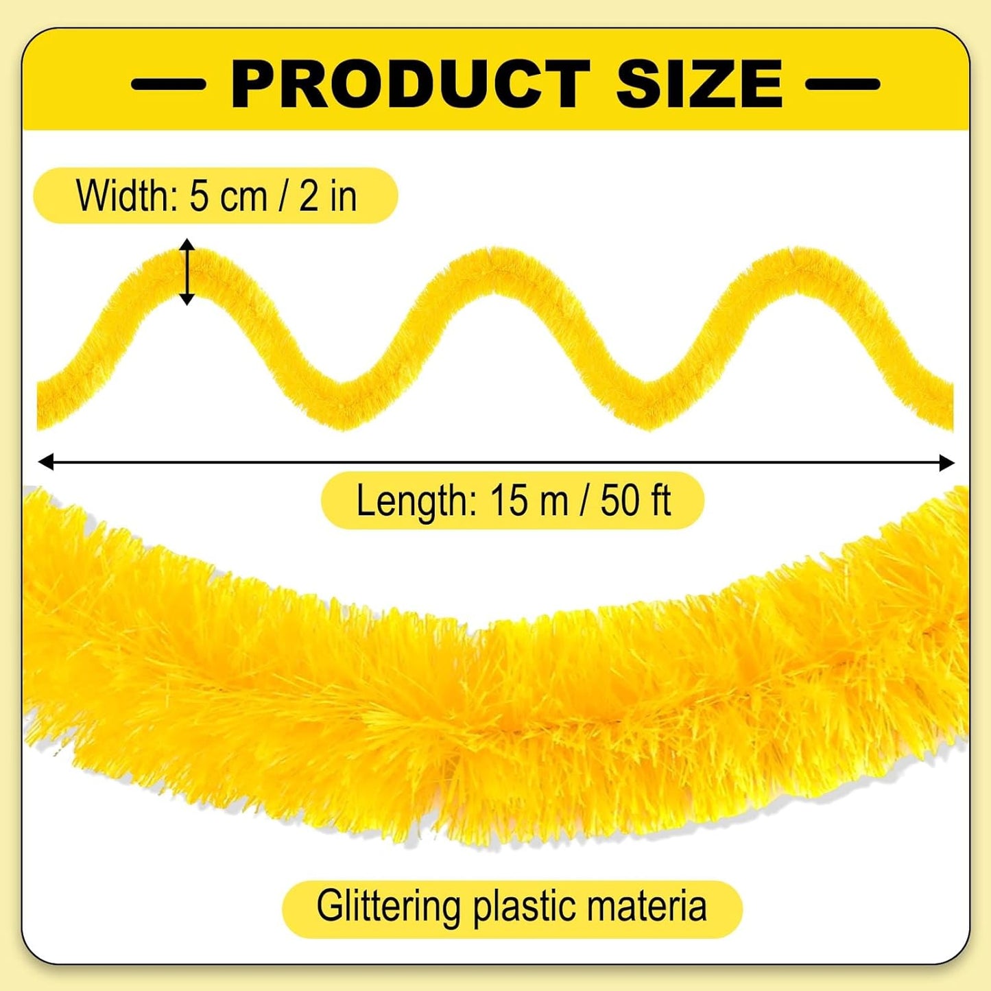 Macaron Metallic Twist Tinsel Garland - 50ft Wall Hanging Backdrop for Christmas, New Year & Valentine's Day Parties (Yellow, 2in x 50ft)