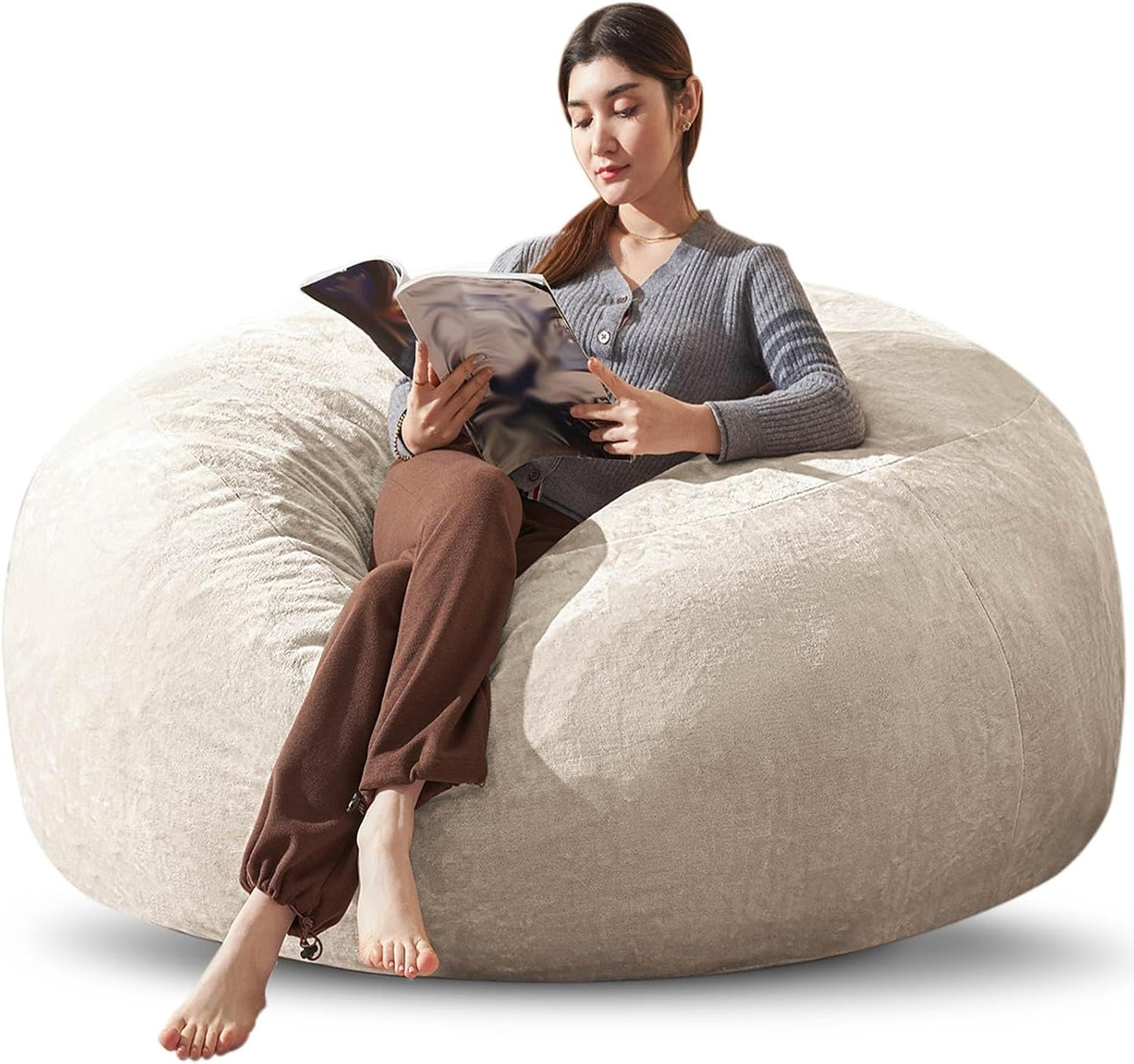 Bean Bag Chair 6Ft, Memory Foam Filled, Large Beanbag Chairs for Adults and Teens, Soft Sofa with Removable Flannel Cover, Round Couch for Living Room Bedroom College Dorm (Apricot, 6FT-67×67"×24")