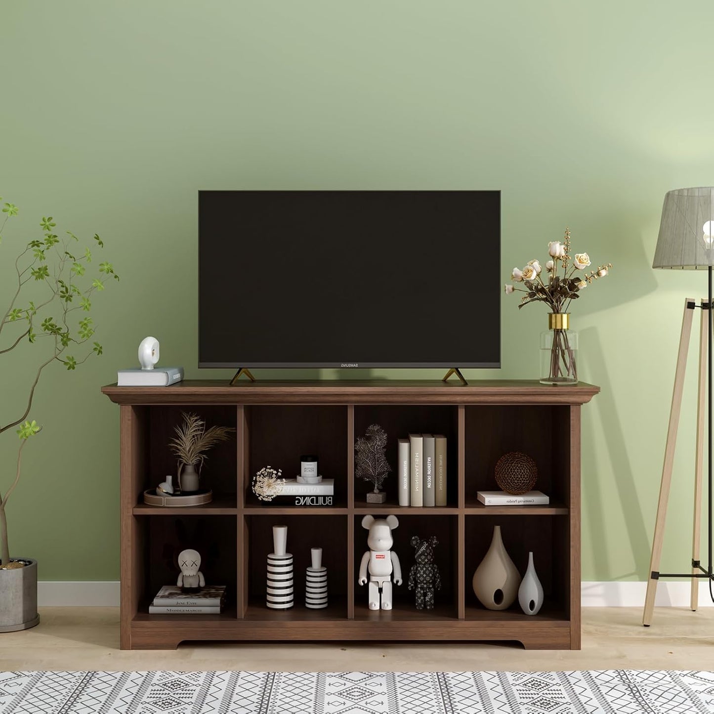 Cube Shelf Bookcase with Base - Wooden 2 Tiers Floor Standing Low Storage Cabinet for Home and Office, 8-Cube Lattice Bookshelf, Walnut