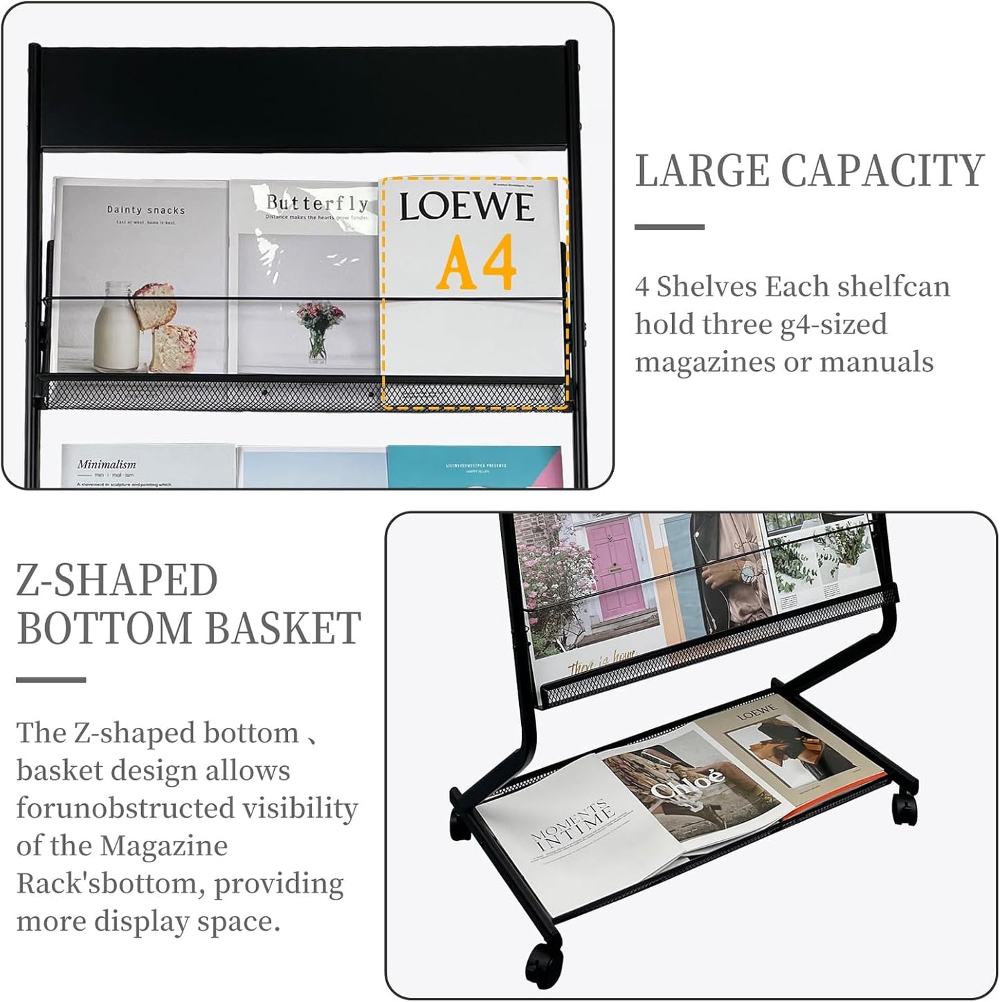 Tongmo Floor-Standing Magazine Rack 4-Layer with Wheels, Brochure Display Stand, High-hardness metal for Office,Exhibitions, and Any Organization Requiring Information Display (black)