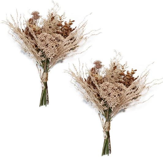 2 Pack Boho Artificial Flowers Plants Bouquet Decoration 13.8inch, Fake Plastic Brown Eucalyptus and Beige Grasses, Faux Floral Arrangement for Wedding Centerpieces Party Home Fall Decor