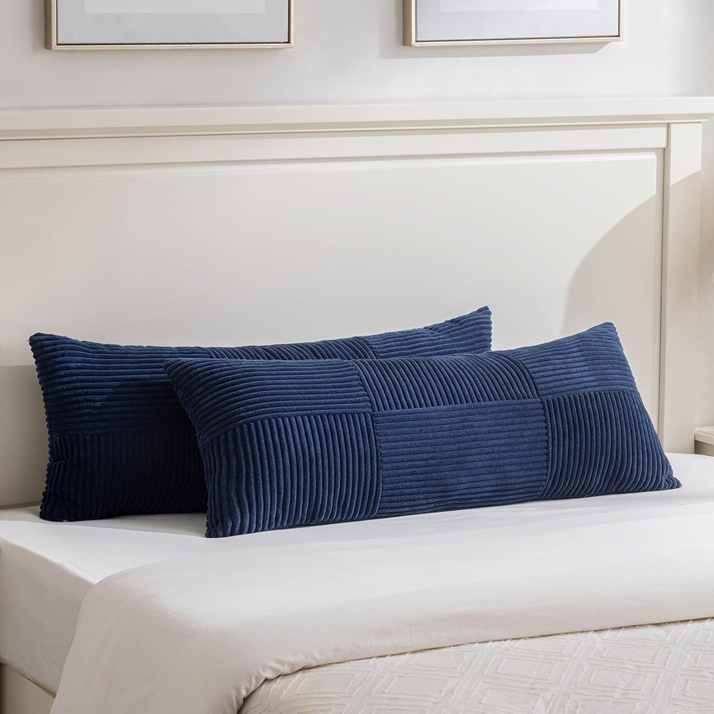 Fancy Homi Set of 2 Navy Blue Boho Long Lumbar Body Decorative Throw Pillow Cover 14x36 Inch for Bed Couch Bedroom Bench, Soft Patchwork Corduroy Textured Pillow Case, Rustic Farmhouse Room Décor