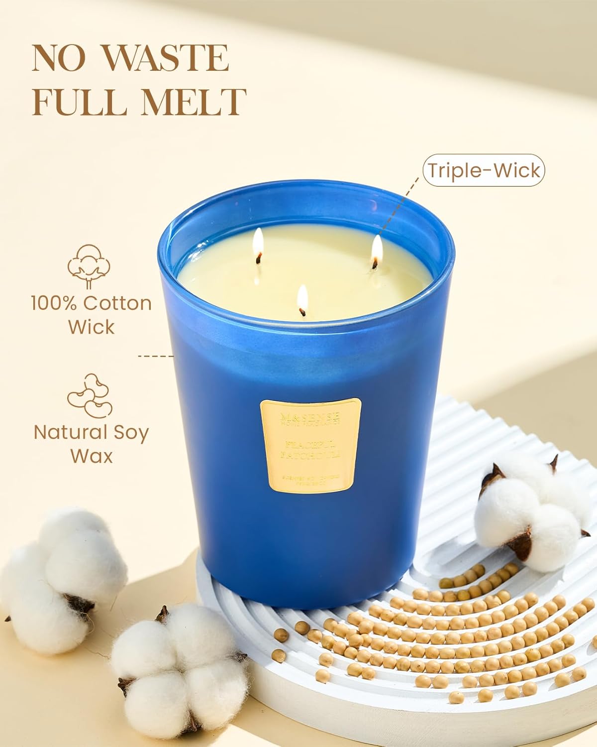 M&SENSE Peaceful Patchouli Scented Candle 35oz 150H Burn Time Long Lasting, 3-Wick Natural Aromatherapy Candle Highly Scented, Home Fragrance Housewarming Gifts