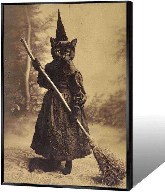 Halloween Decor Posters Black Cat Witch Canvas Wall Art Vintage Spooky Print Of Gothic Room Family Dark Academia Decorations Creepy Picture Poster Aesthetic 16X24inch Aluminum Framed