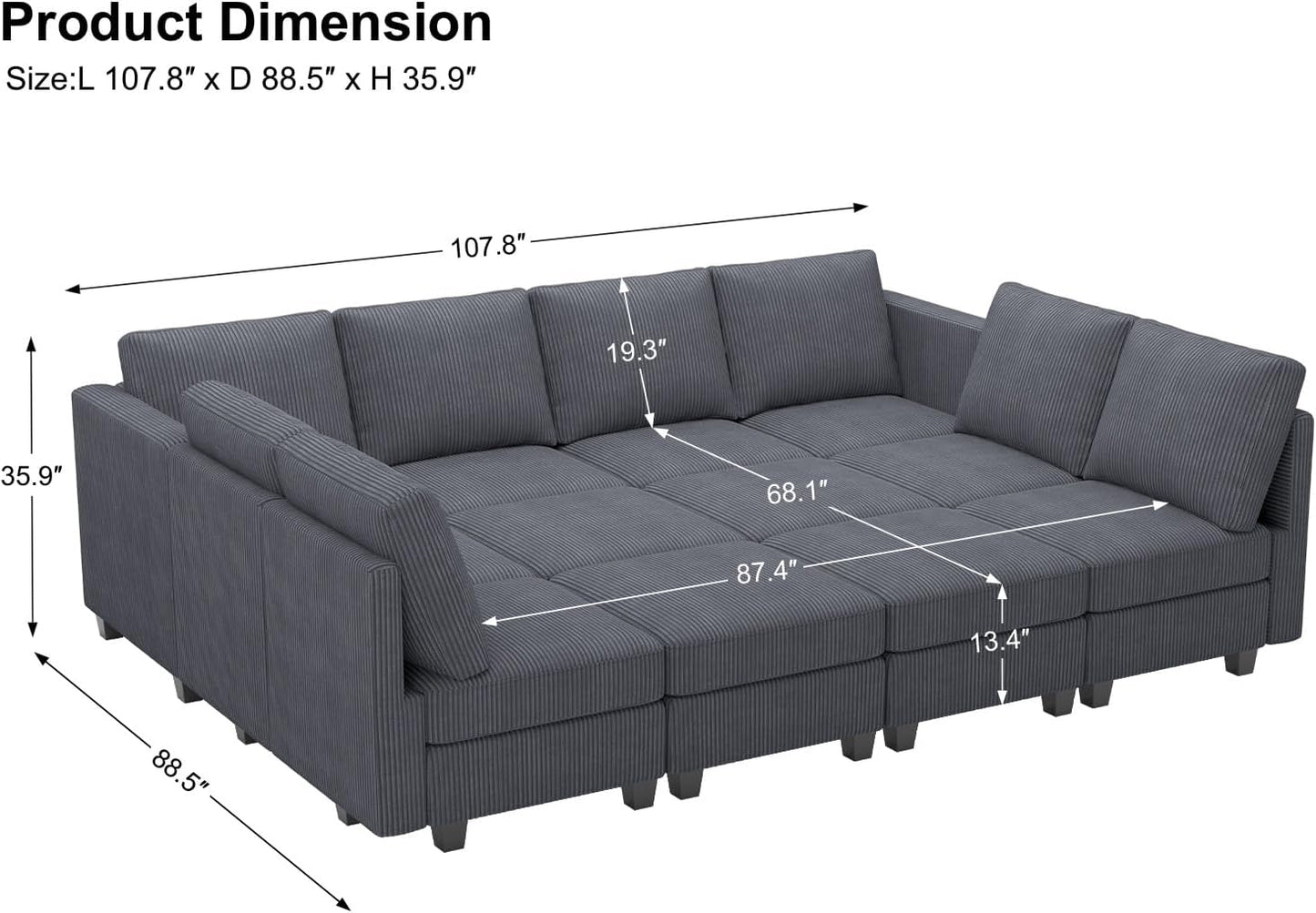 Belffin Oversized 12 Seat Modular Sectional Sleeper Sofa Convertible Sofa with Storage Seat Large Corduroy Modular Sectional Couch for Living Room Dark Grey