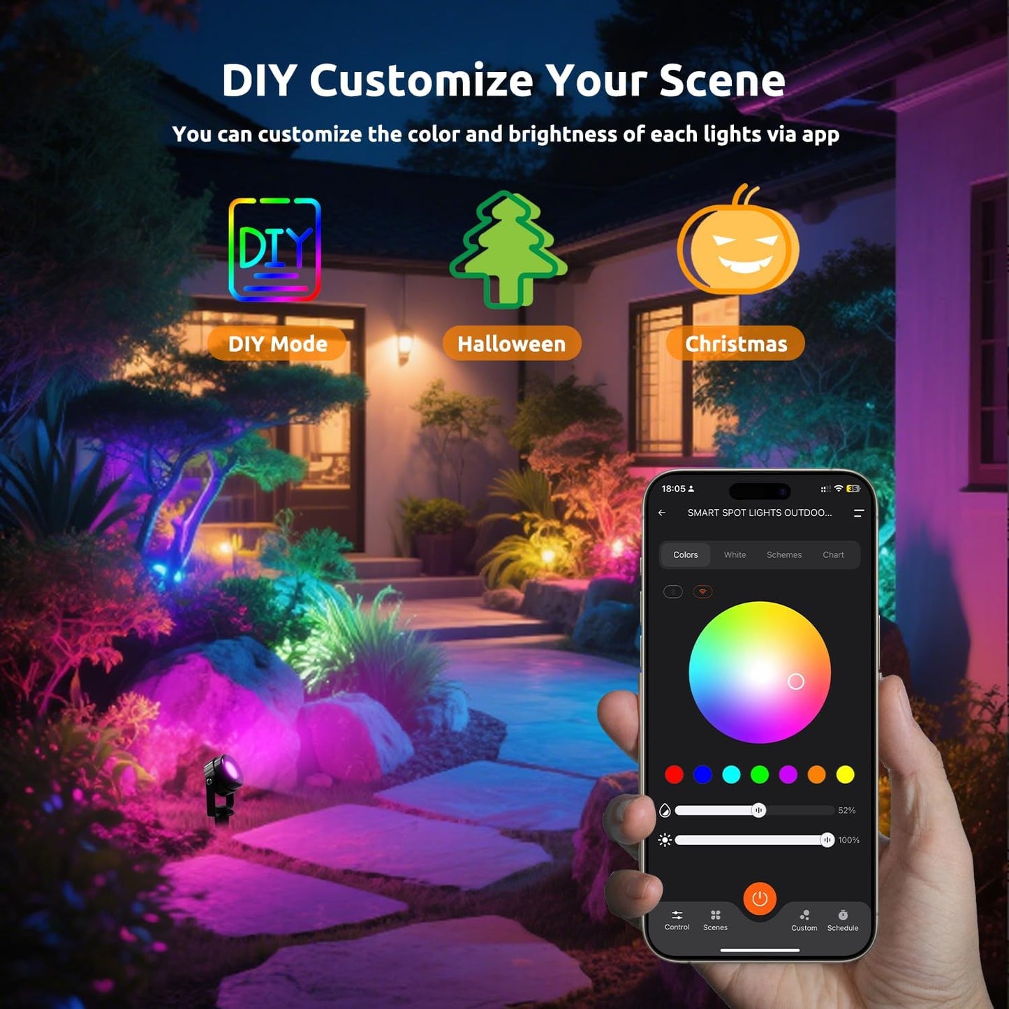Smart RGBW Spot Lights Outdoor, 8 Pack Low Voltage Landscape Lighting with APP & Remote Control, Waterproof and Timing, Color Changing Outdoor spot Lights for Yard Halloween Christmas Decorations