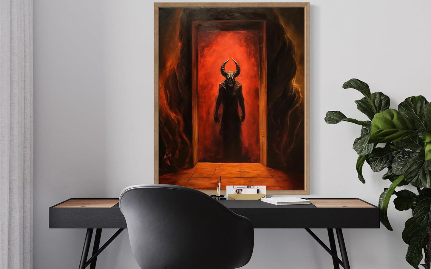 Satan and Hell Poster Art Print, Halloween Scary Vintage Wall Art Academia Spooky Painting Decoration for Horror Prints, Gothic Posters Bedroom Decor 89 (Satan and Hell, 11 x 14 inches, Wood Frame)