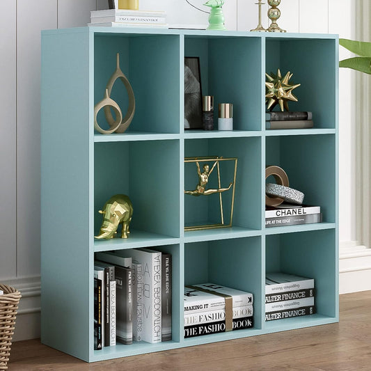 9-Cube Storage Shelf Bookcase - Wooden 3-Tier Floor Standing Open Bookshelf for Home and Office, Display Cabinet, Light Blue