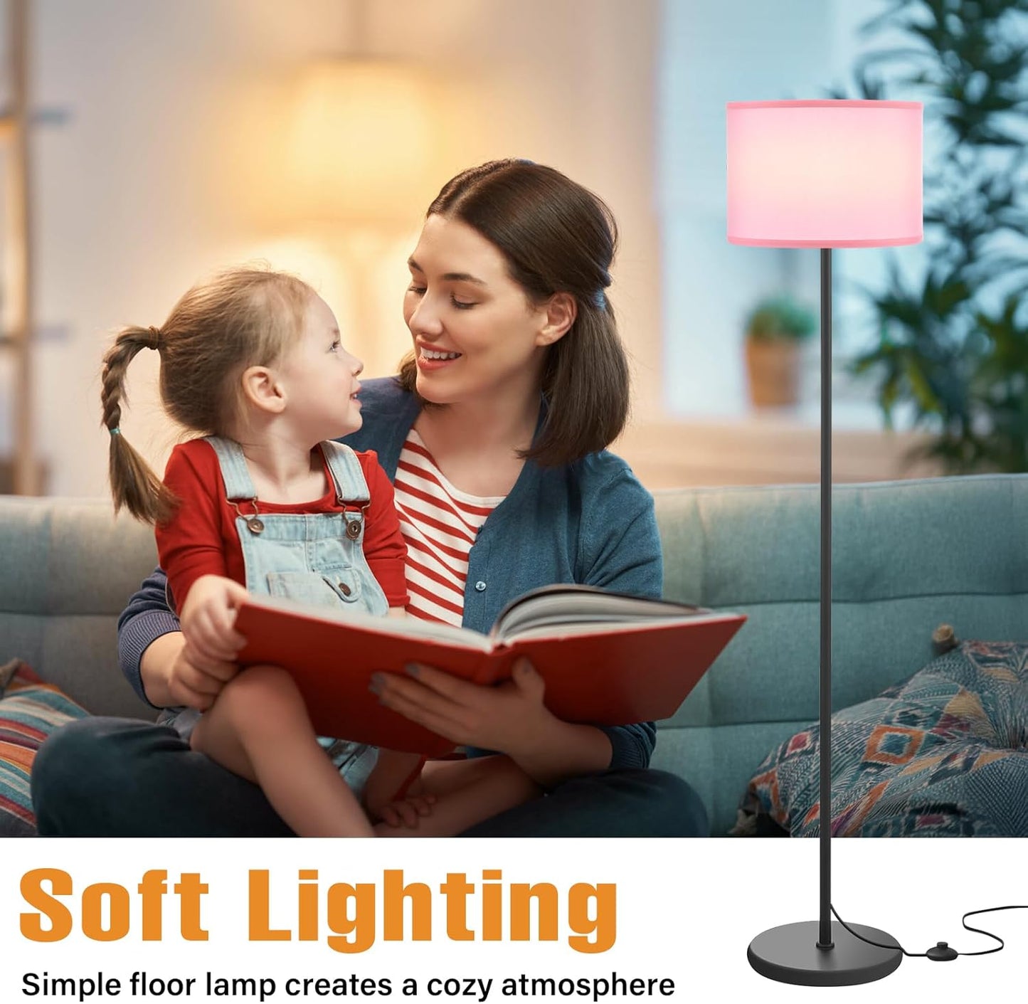 Ambimall 60'' Modern Floor Lamp with Shade, Tall Lamps for Living Room, Bedroom, Office, Dining Room, Pink Shade with Black Pole(Without Bulb)