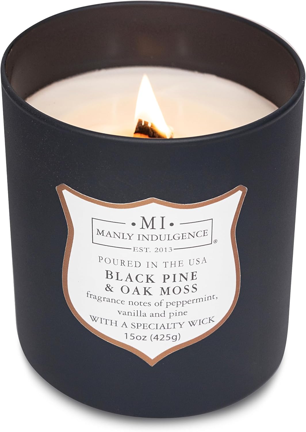 Manly Indulgence Black Pine Oakmoss Scented Candles for Men, 15 oz Wooden Wick, Premium Soy Blend Wax, 60H Burn, Candles for Home Scented - Made in The USA