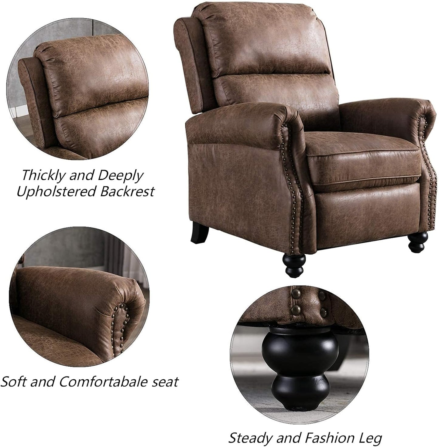 CANMOV Pushback Recliner Chair Set of 2, Faux Leather Armchair Push Back Recliner with Rivet Decoration Single Sofa Accent Chair for Living Room, Chocolate