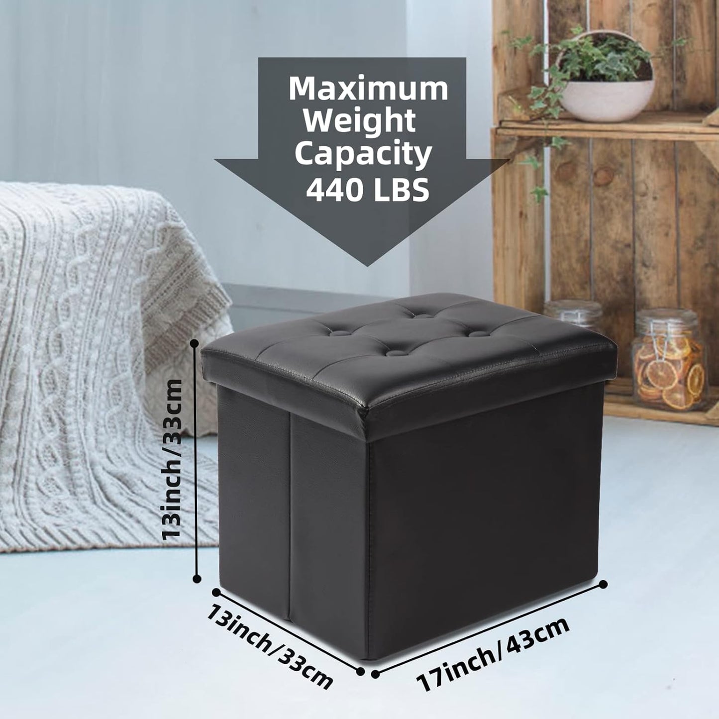ALASDO Storage Ottoman Footrest Stool Small Ottoman with Storage Foldable Ottoman Leather Foot Rest Footstool Bench for Living Room 17x13x13inches Black