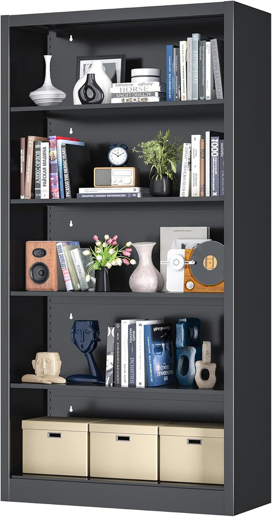 Book Shelf, 14" Deep Bookshelves Cases for Books, Garage Kit, CDs, 66" Tall Bookcase for Home Office Library Living Room, 5 Tier Bookshelf with Adjustable Shelves, Black Book Cases