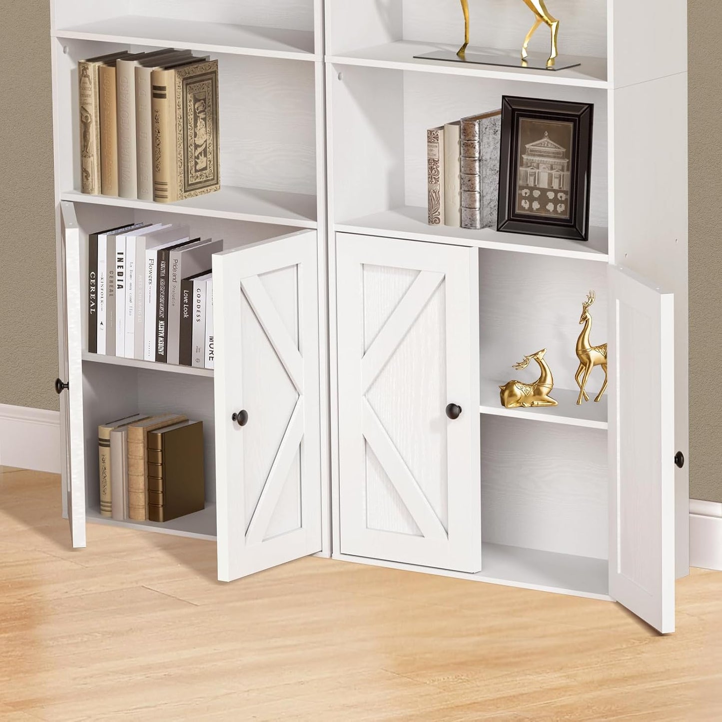 Tall White Bookcase with Doors – Wooden Bookshelf with Storage Cabinet & Shelves for Living Room, Bedroom, or Office