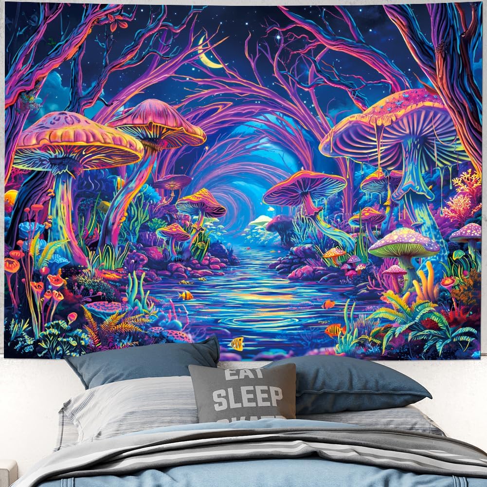 Yuiqear Blacklight Forest Tapestry UV Reactive Mushroom Tapestries Fantasy Landscape Wall Decor Aesthetic Plant Floral Tapestry Wall Hanging for Bedroom