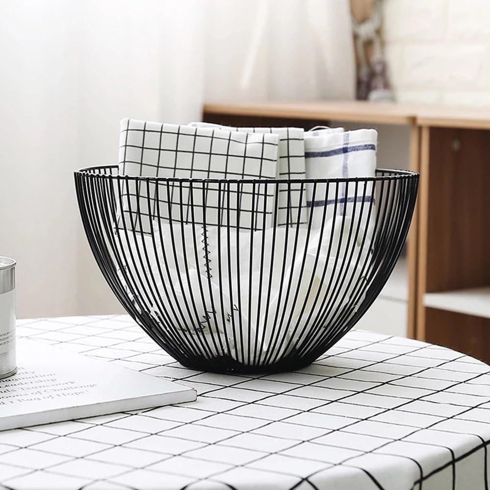 Metal Wire Fruit Basket, Black Fruit Vegetable Bowl for Kitchen Counter, Round Produce Storage Basket for Veggie Snack (Round A)
