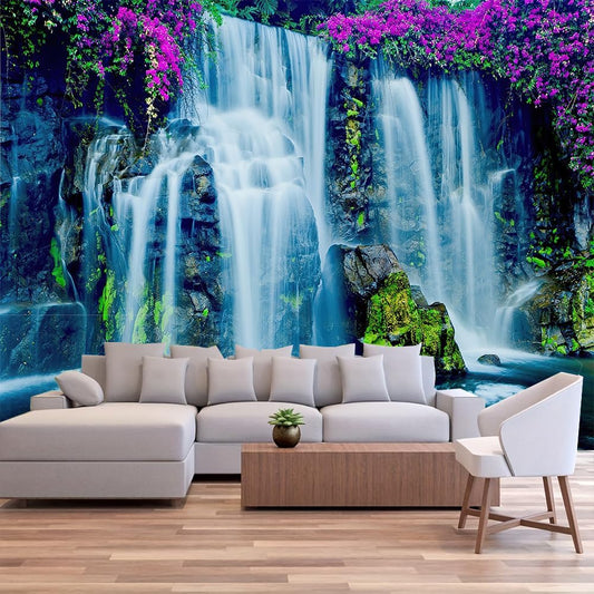 FENDROM Waterfall Tapestry Purple Forest Wild Flowers Floral Mountain Jungle Plants Nature Landscape Wall Hanging Bedroom Living Room Hanging Decorative Blanket