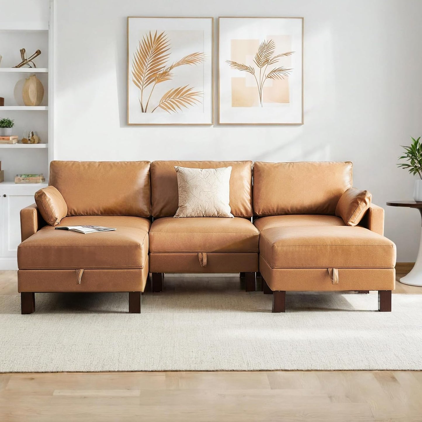 5 Seater Faux Leather Sofa Couch, 98'' L Shape Sectional Couch, Mid Century Modern Decor, Office Sectional Sofa Bed, for House, Apartment, Living Room, Tan
