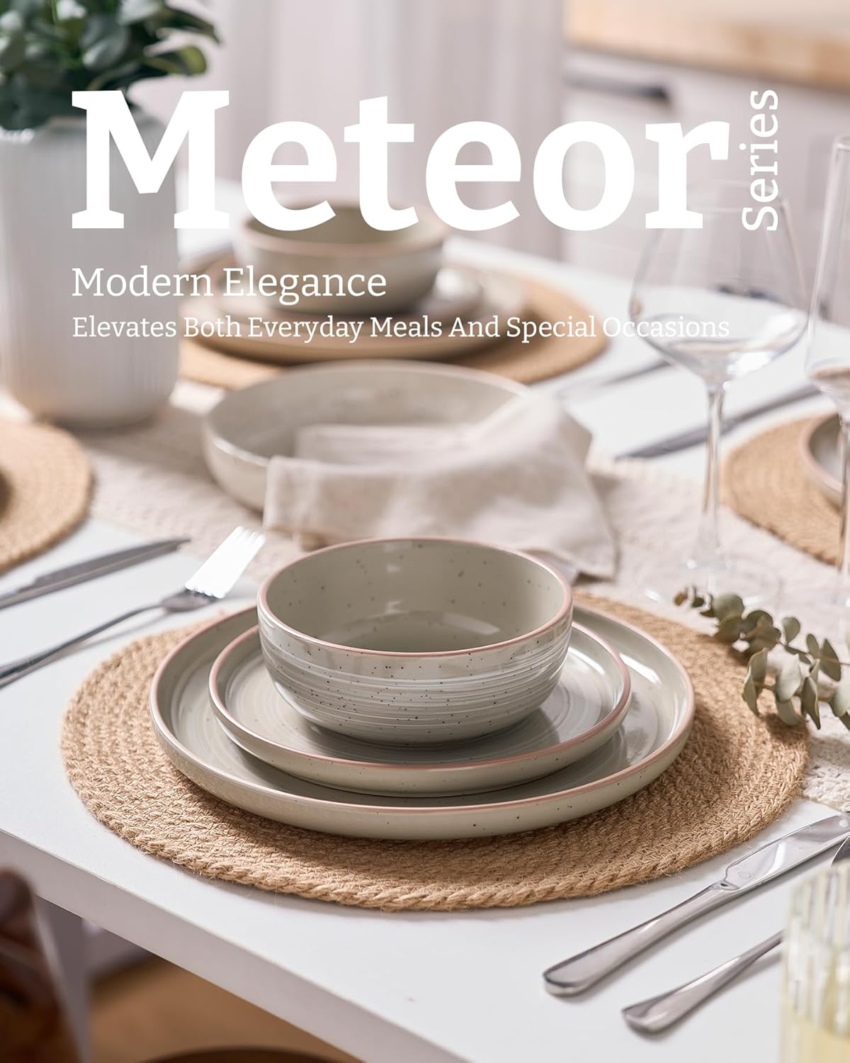 Famiware Meteor Plates and Bowls Sets for 4, 12 Pieces Dinnerware Sets, Microwave and Dishwasher Safe Dishes Set, Matcha Green