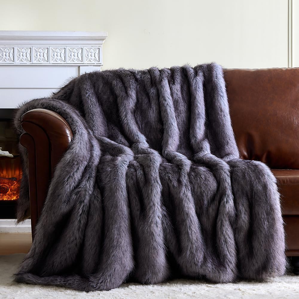 Fluffy Faux Fur Throw Blanket – Super Soft Warm Thick Plush Blanket for Bed, Couch & Office, Cozy Fuzzy Throw with Flannel Backing,90"x90", Grey