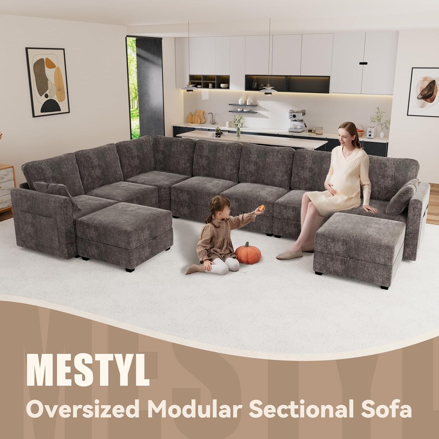 mestyl Modular Sectional Sofa Convertible Sofa Couch Set with Storage for Living Room, Modern 7 Seater Modular Sectional Couch with 2 Movable Ottoman (Grey)