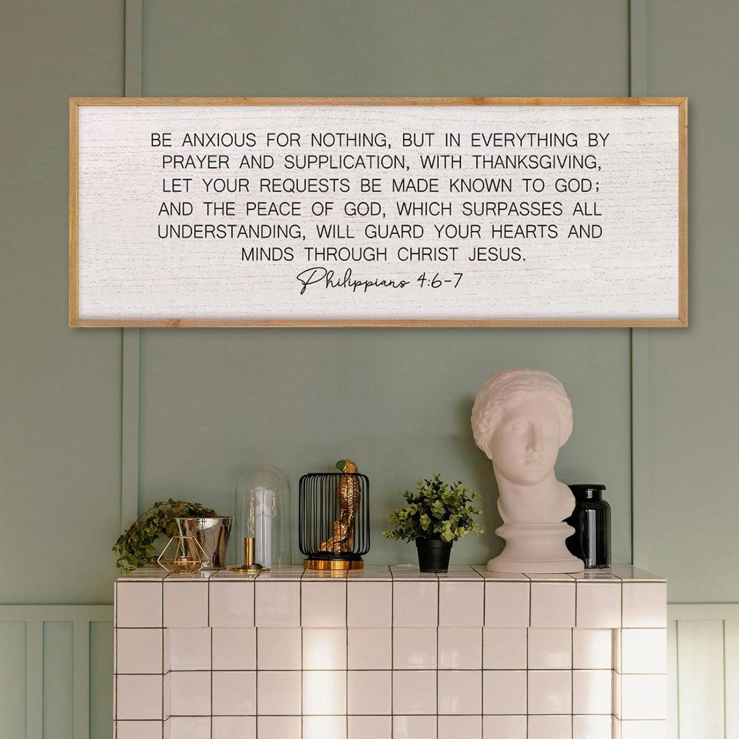 LuZhiQiang Be Anxious for Nothing Wall Decor 32"×12" Philippians 4:6-7 Bible Verse Sign Large Christian Scripture Wood Framed Hanging Decor (Wood)