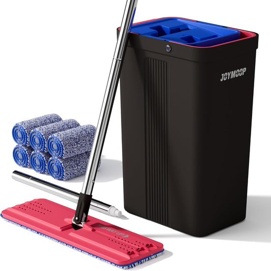 JOYMOOP Mop and Bucket with Wringer Set, Hands Free Flat Floor Mop and Bucket, with 6 Washable Microfiber Pads, Wet and Dry Use, Floor Cleaning System - Black+Red+Slate Blue