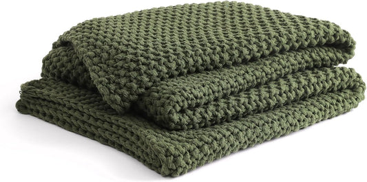 YnM Chunky Cotton Knit Throw Blanket, Cable Knit Throws for Bed Couch Sofa, Comfy & Relaxing, Decorative Piece for Farmhouse Modern Boho Rustic Scandinavian Chic Vibe, Pine Green 80x87 Inches