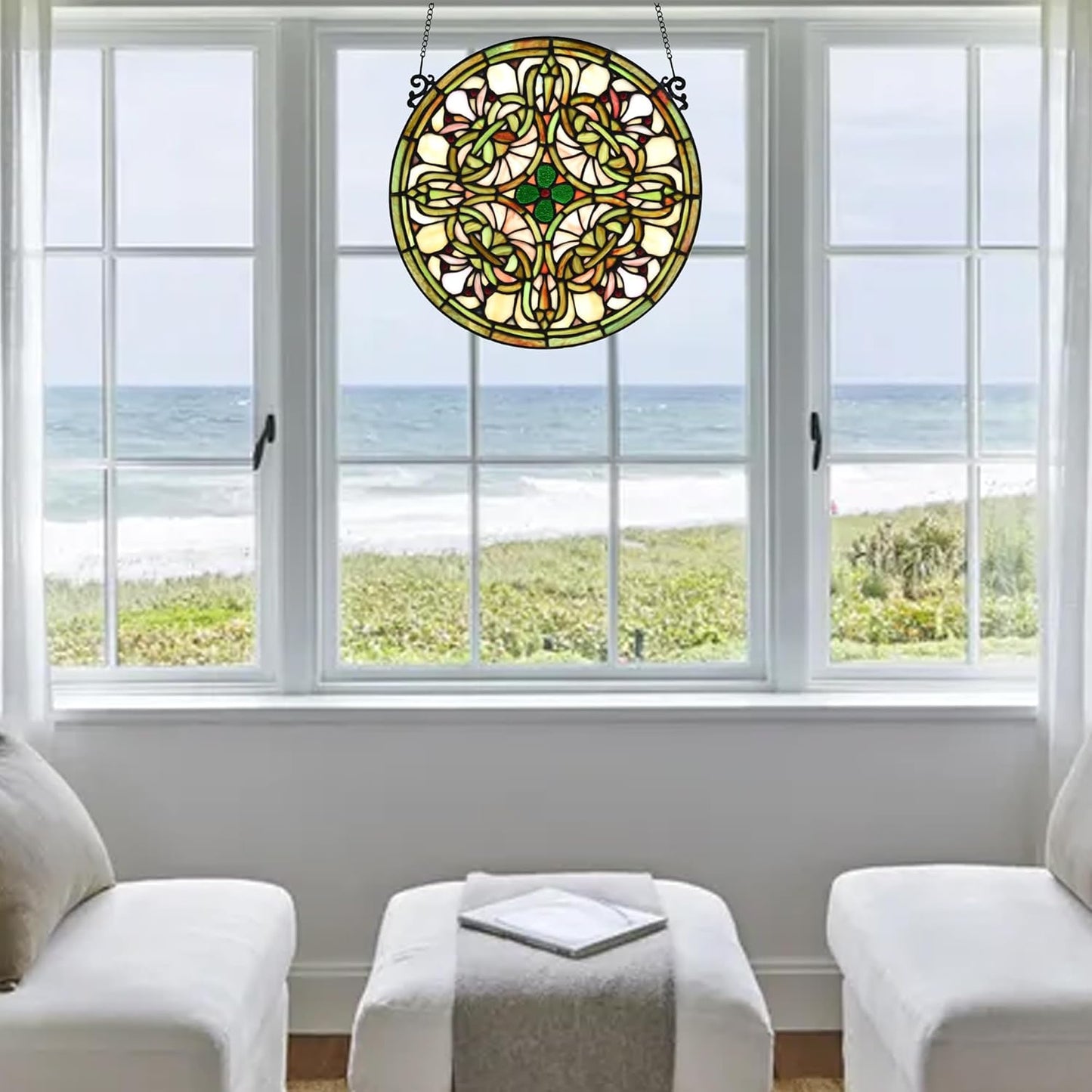 Tree of Life Tiffany Style Stained Glass Window Panel (KP122N), Yellow Sun Flower Design, Round Hanging Decorative Panel, 12" Diameter