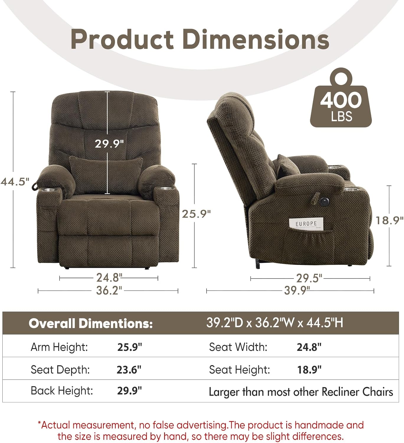 Oversized Dual Motor Lay Flat Power Lift Recliner Chair with Massage, Heating, Lumbar Pillow, USB & Type-C Ports, Textile Lift Chairs Recliners, Large Recliner for Big & Elderly People - Brown
