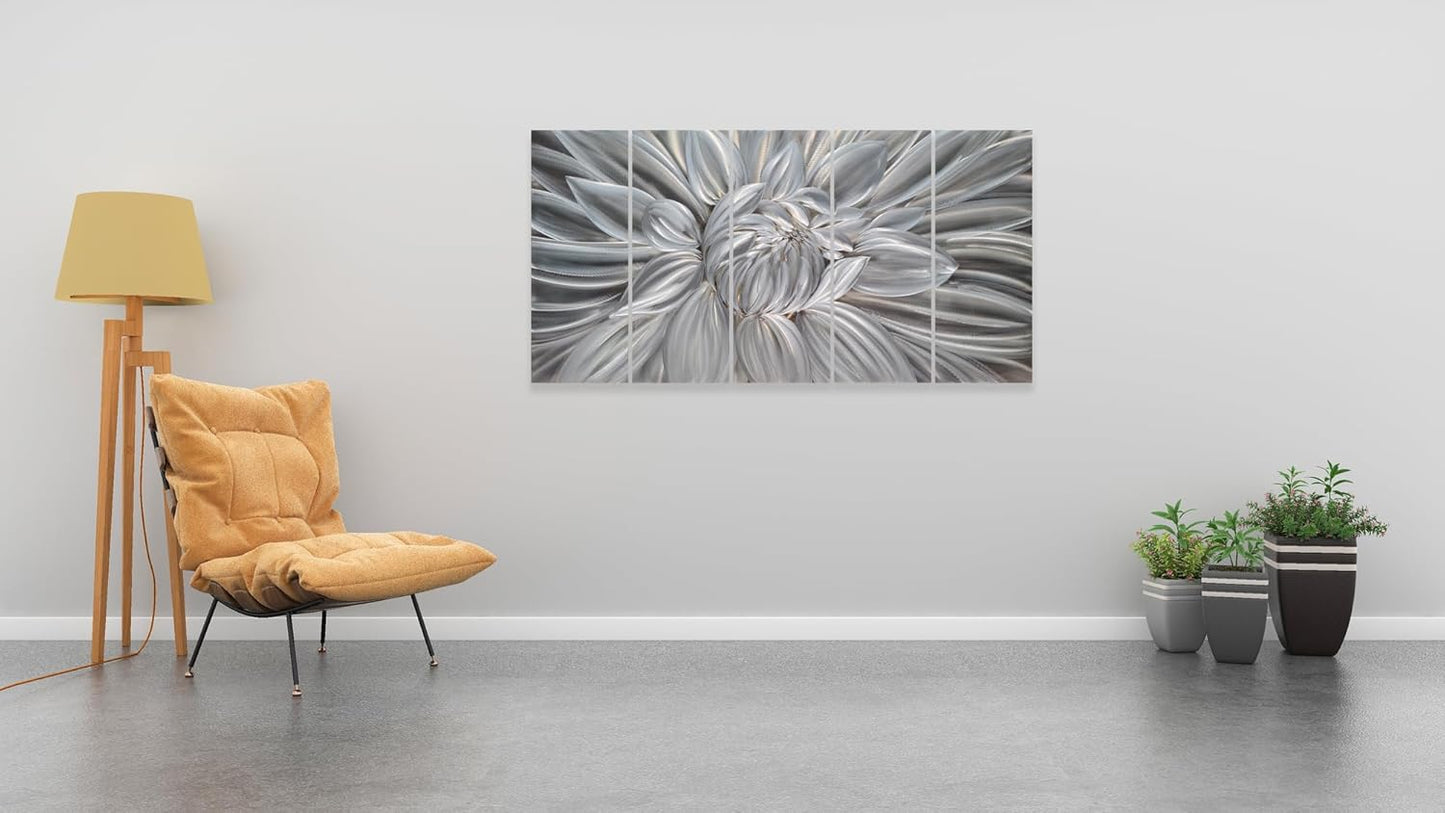 Yihui Arts Silver Metal Flower Wall Art, 5 Pieces Aluminum Artwork, Contemporary Botanical Sculpture for Living Room Bedroom Bathroom Decor
