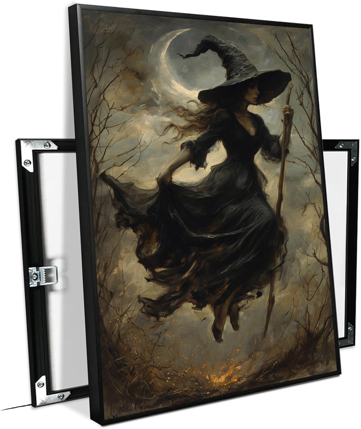 JFHCQJPK Witch in the Forest Halloween Print Wall Art Poster Witch Decor Vintage Print Dark College Wall Art Victorian Gothic Room Decor Canvas Wall Print16x24in Metal blackFramed