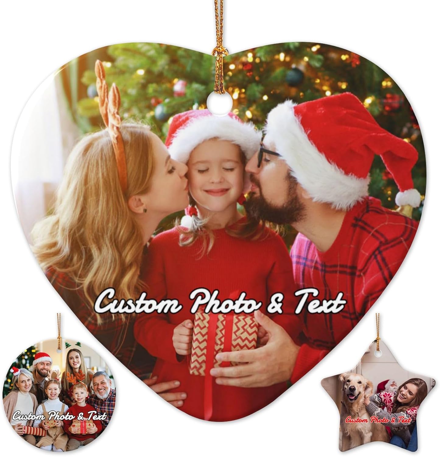 Personalized Christmas Ornaments with Photo 2025 Custom Picture Text Ornaments for Christmas,Double-Sided Ceramic Customized Xmas Tree Decor for Family Couples Dogs,Heart