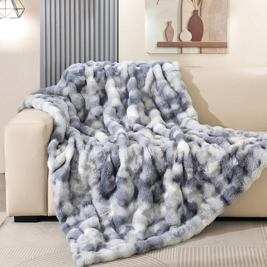 Latepis Faux Fur Fluffy Blanket for Couch, Super Soft Luxury Faux Fur Bubble Plush Thick Warm Cozy Fuzzy Twin Blanket for All Seasons, 60” x 80”, Tie-dye Blue, 860GSM