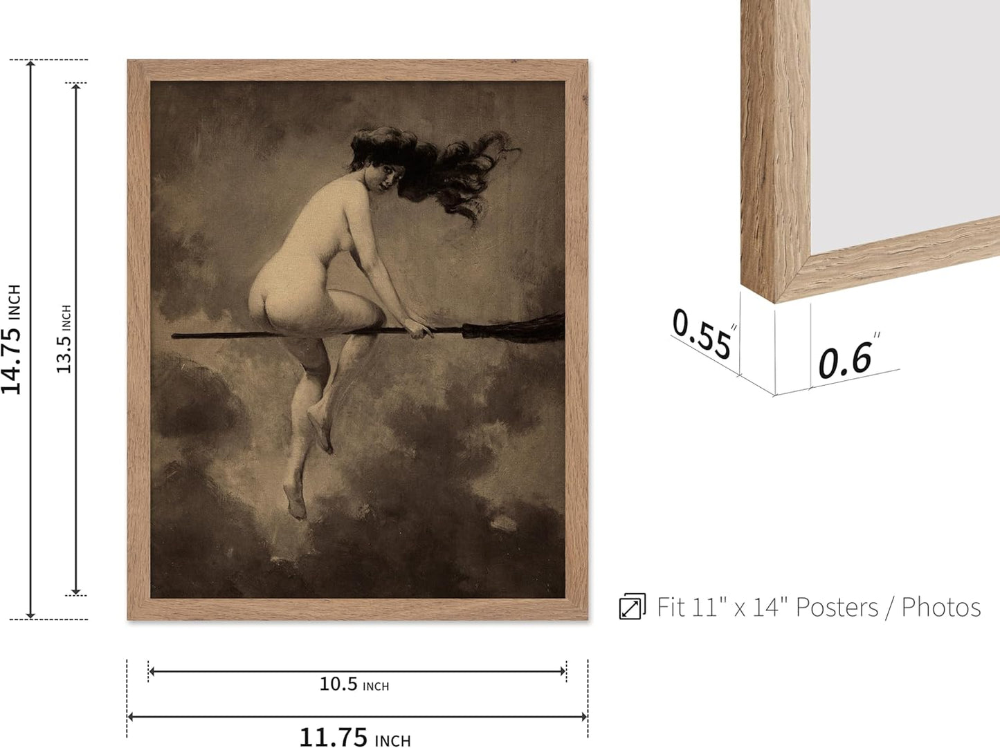 Poster Master Vintage Albert Joseph Penot Poster - Retro Halloween Print - Gift for Artist, Friend - Departure for the Sabbath, Naked Witch on Broom - Wall Decor for Bedroom, 11x14 Beige Framed