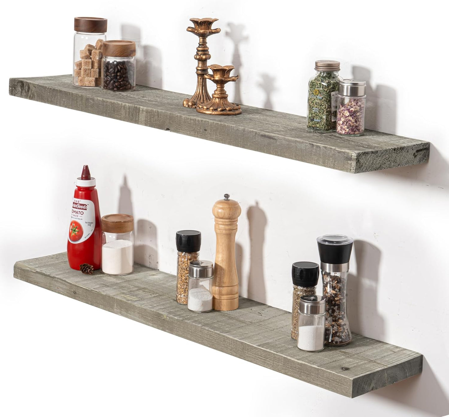 Fun Memories Floating Shelves for Wall Decor, 36"x8" Rustic Reclaimed Wood Shelves, Heavy-Duty Wall Mounted Shelves with Invisible Brackets, Set of 2for Living Room, Bedroom, Kitchen, Grey Finish