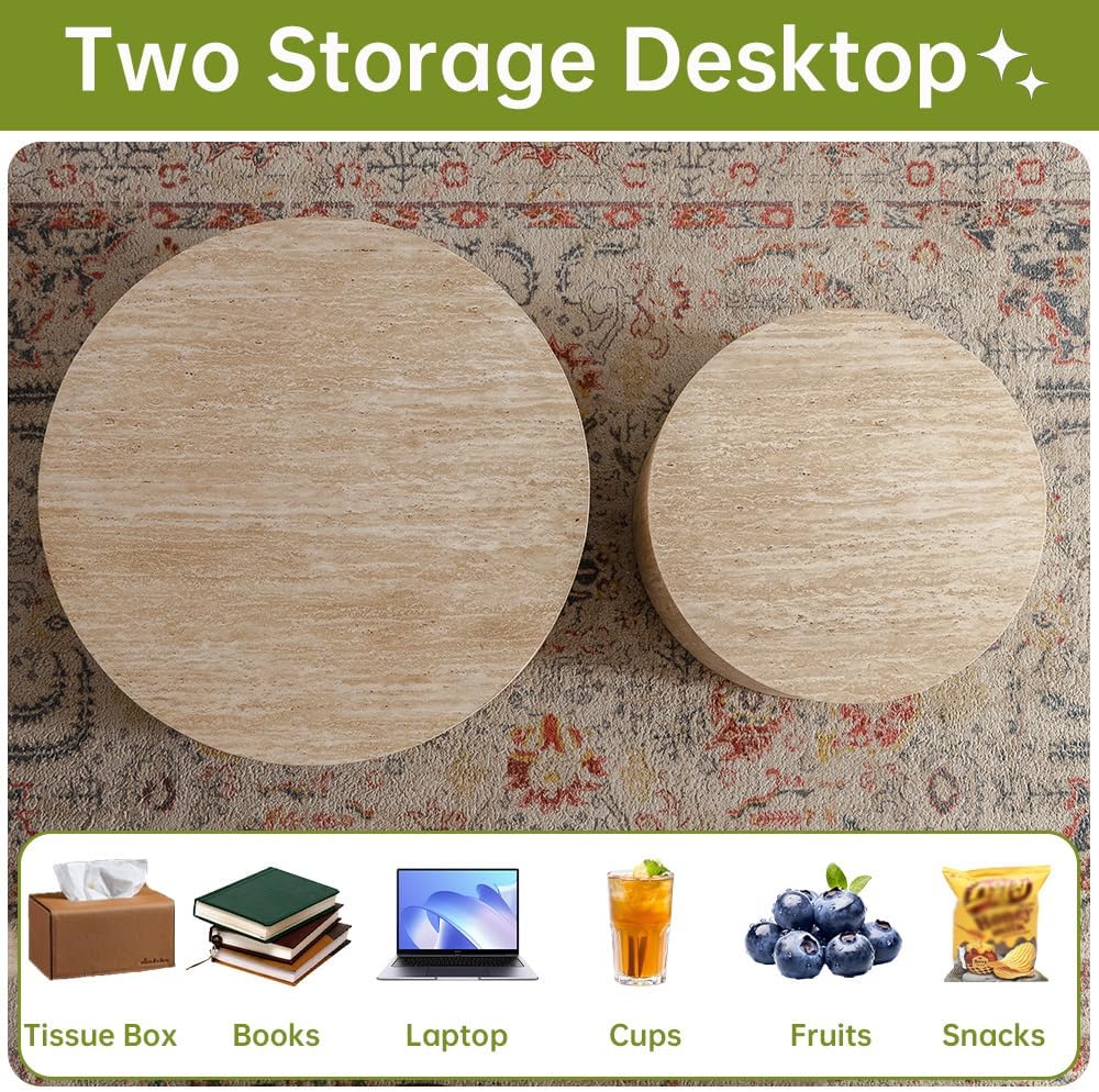 Round Nesting Coffee Table Set of 2 Small Round Coffee Tables for Living Room Modern Fluted Coffee Table Circular End Table Side Table for Small Spaces No Assembly (Travertine, 27 in)
