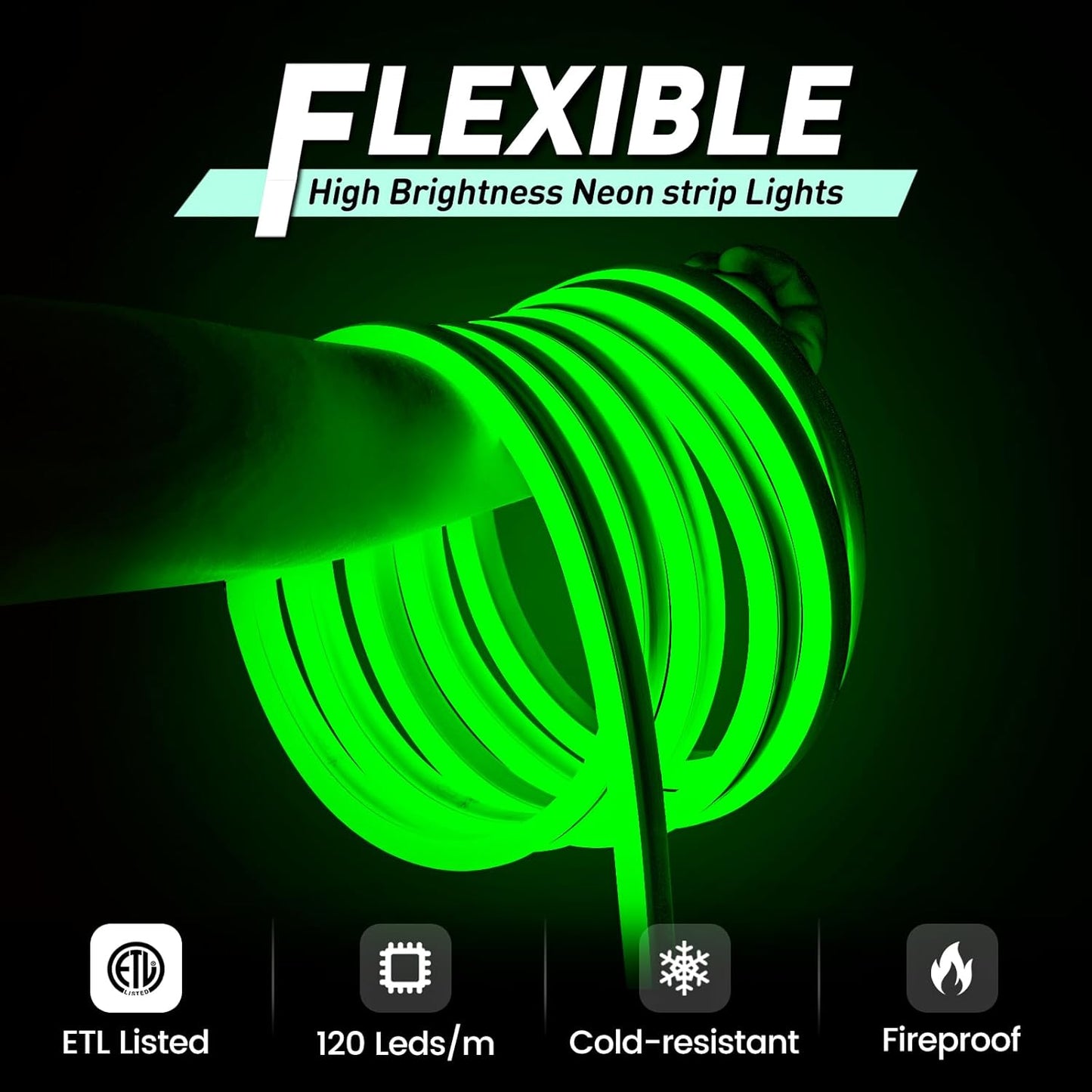 GZBtech Flexible LED Neon Rope Lights 33FT,AC 110-120V Waterproof Strip Light, 120 LEDs/M Cuttable Connectable Neon Lighting for Indoor Outdoor Home Decor/Commercial Building Use-Green 10M