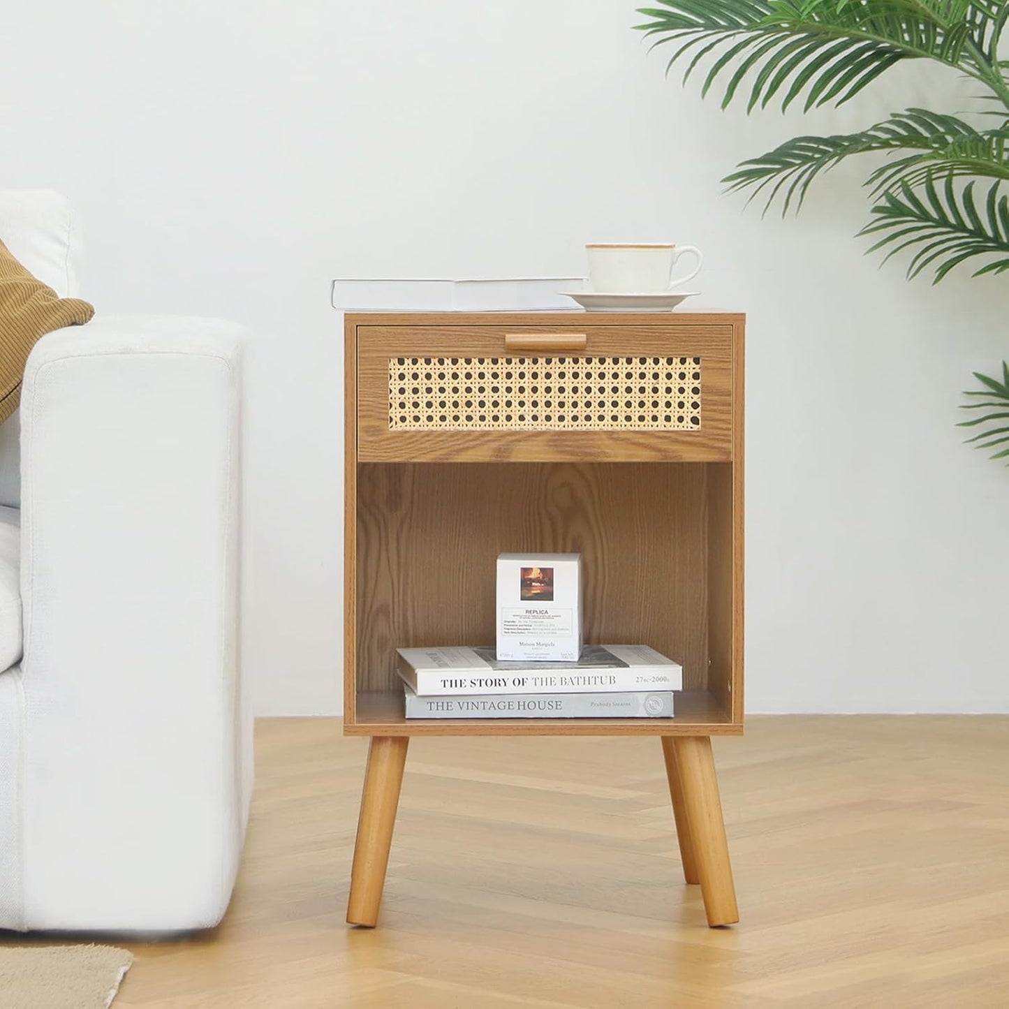 Mid Century Modern Nightstand, Rattan Bedside Table with Drawer and Open Shelf, Wood Nightstand Modern Side Table for Living Room, Bedroom and Small Space, Brown